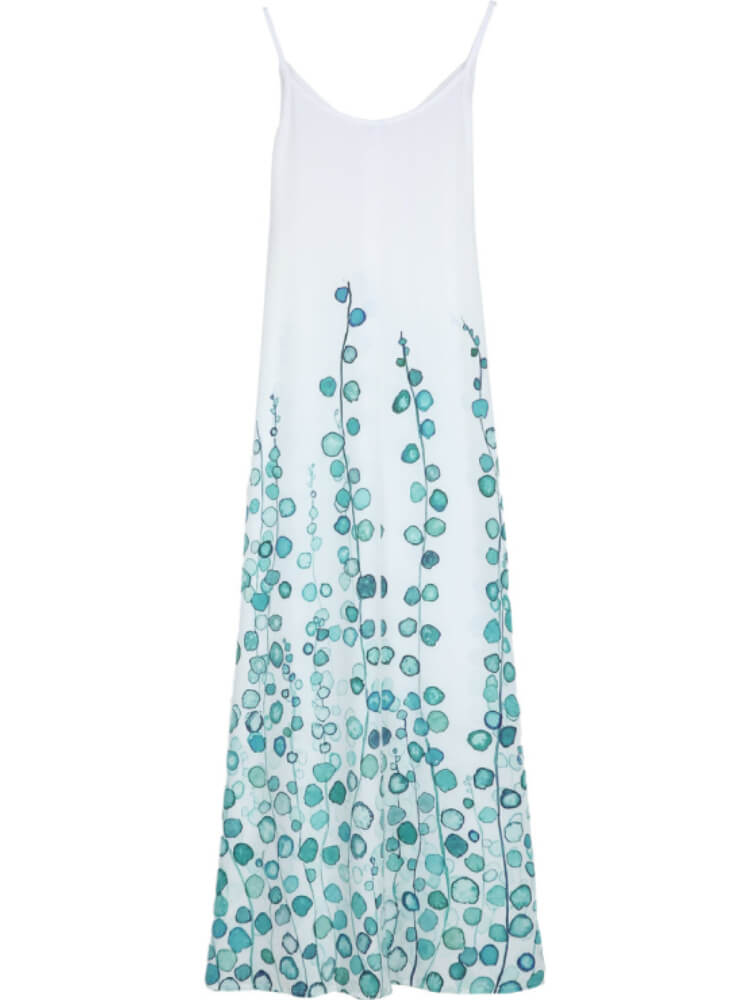 Deep V Neck Spaghetti Strap Watercolor Floral Print A-Line Maxi Dress