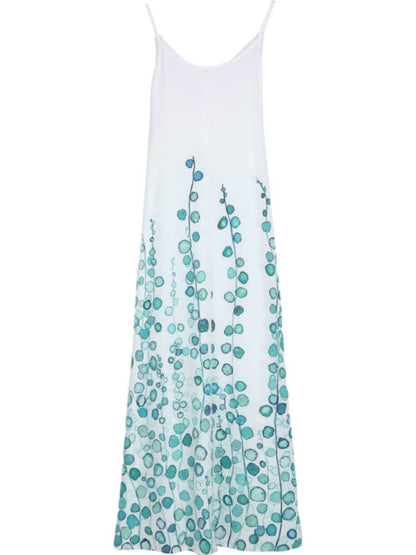 Deep V Neck Spaghetti Strap Watercolor Floral Print A-Line Maxi Dress