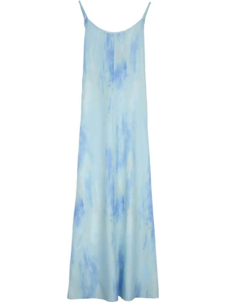 Deep V Neck Spaghetti Strap Watercolor Floral Print A-Line Maxi Dress