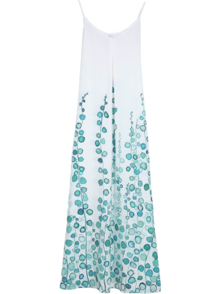 Deep V Neck Spaghetti Strap Watercolor Floral Print A-Line Maxi Dress