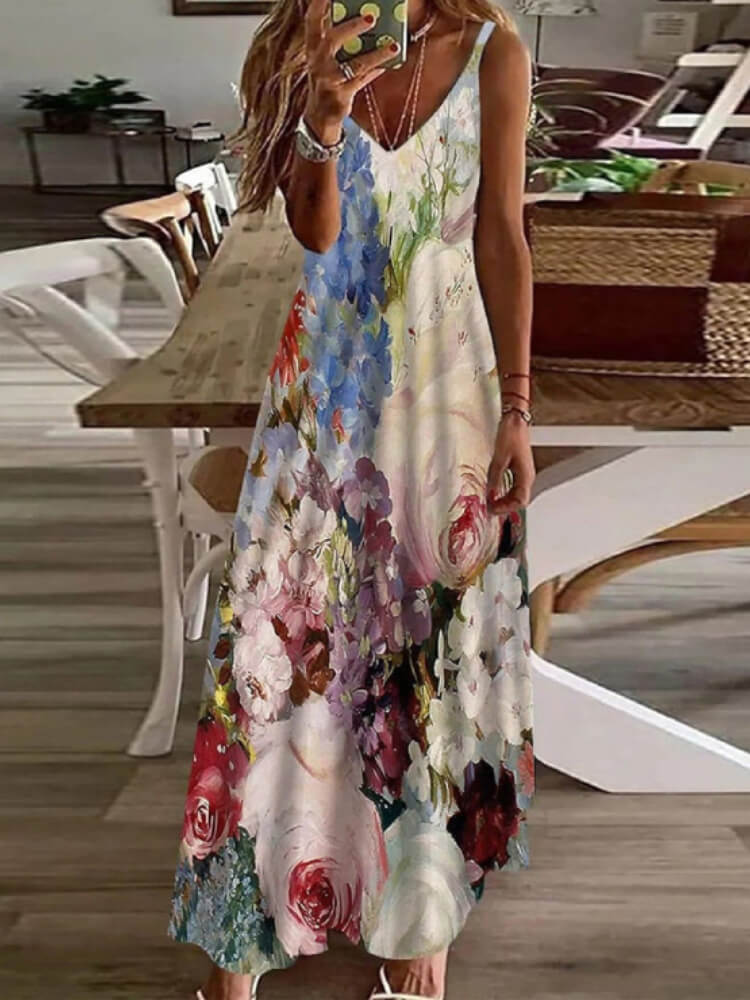 Deep V Neck Spaghetti Strap Watercolor Floral Print A-Line Maxi Dress