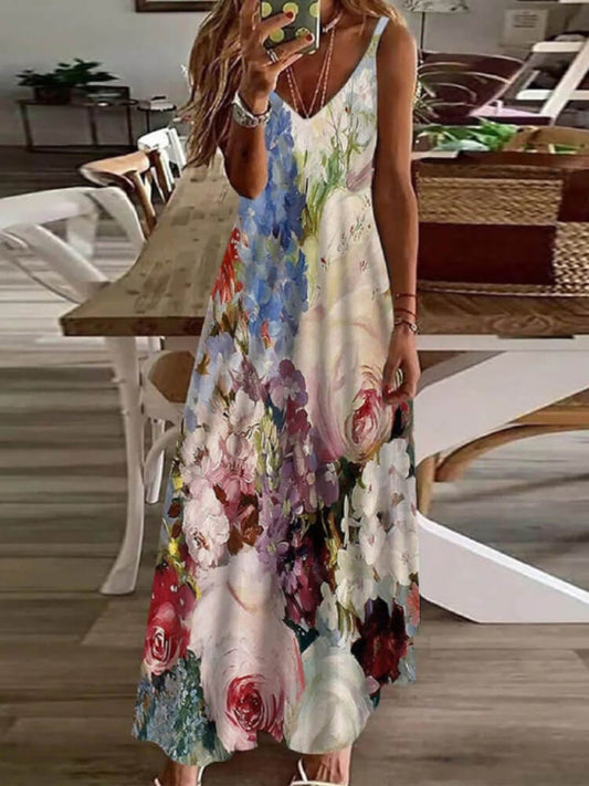 Deep V Neck Spaghetti Strap Watercolor Floral Print A-Line Maxi Dress