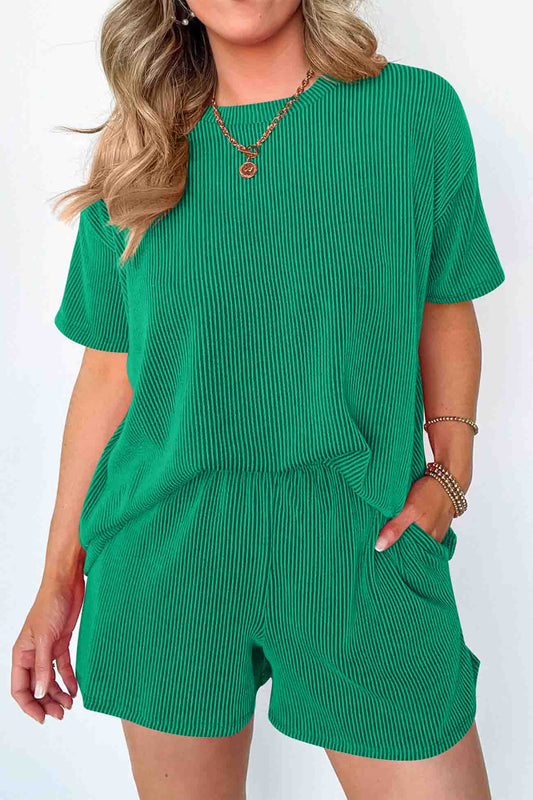Wavy Stripe Short Sleeve Shorts Two-Piece Set