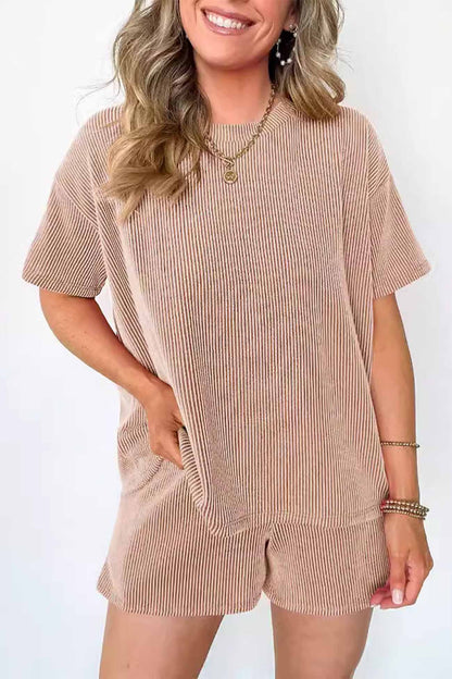 Wavy Stripe Short Sleeve Shorts Two-Piece Set
