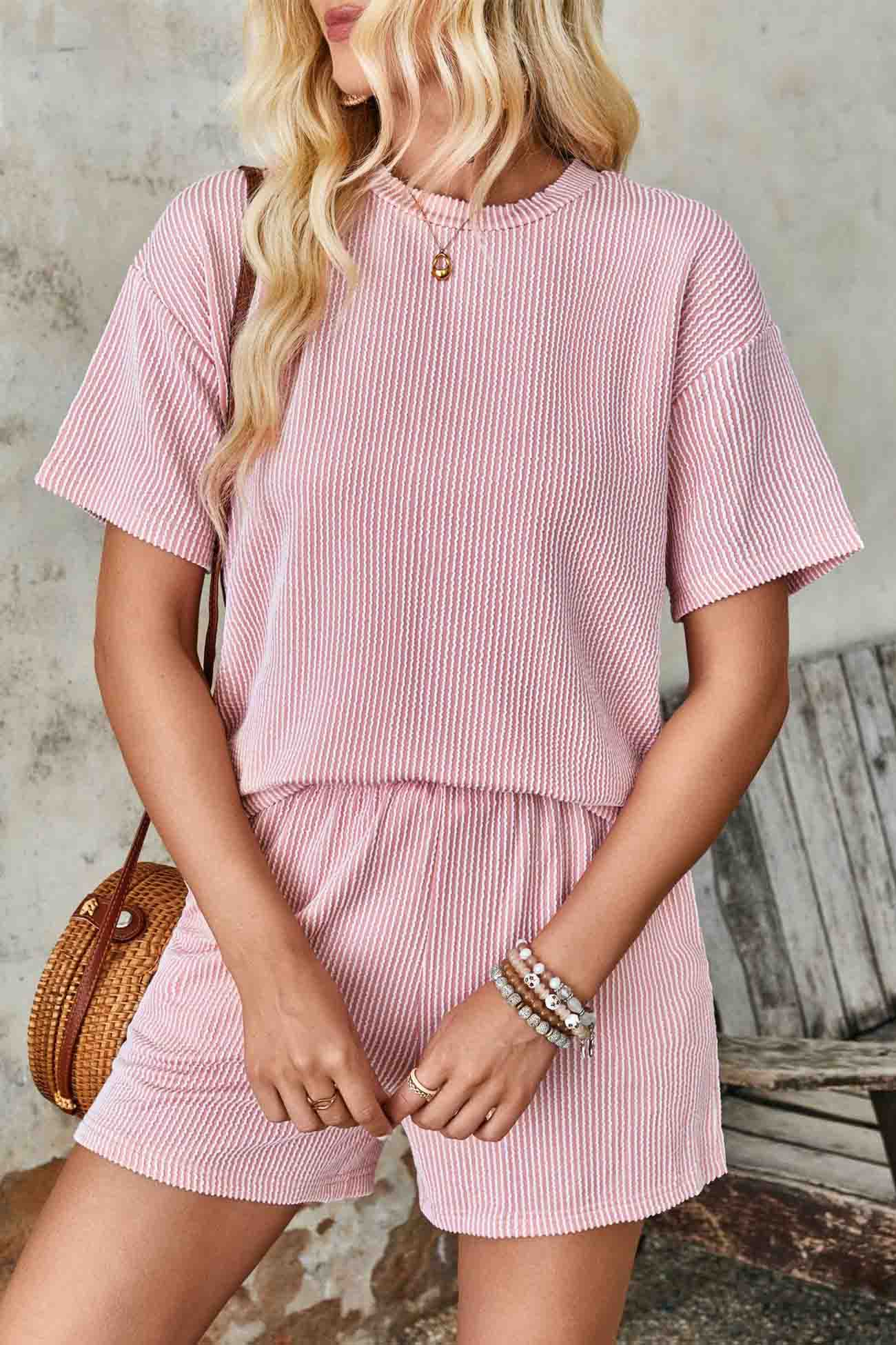 Wavy Stripe Short Sleeve Shorts Two-Piece Set