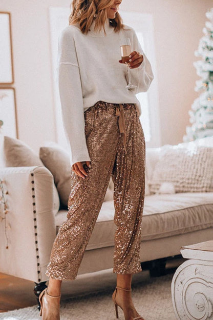 Margovil Drawstring Mid Waist Glitter Sequin Pants