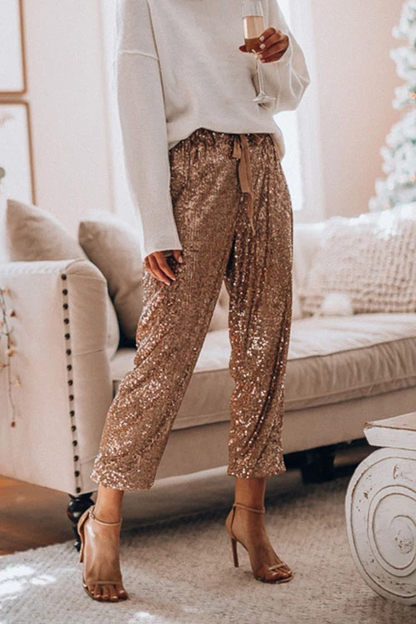 Margovil Drawstring Mid Waist Glitter Sequin Pants