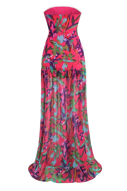 Tropical Print Strapless Tube High Slit Flowy Maxi Dress