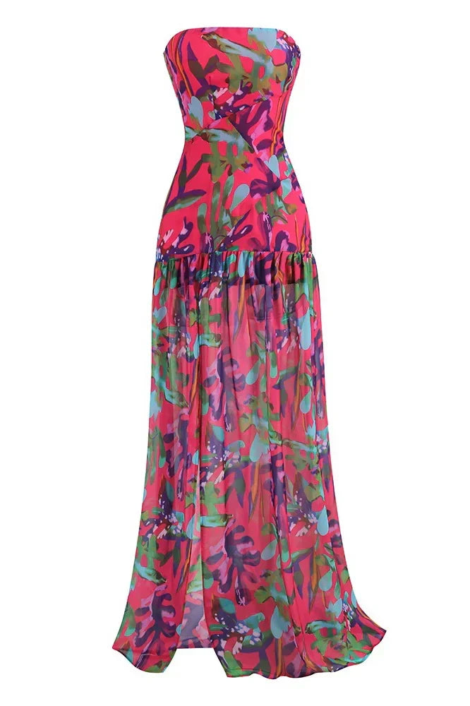 Tropical Print Strapless Tube High Slit Flowy Maxi Dress