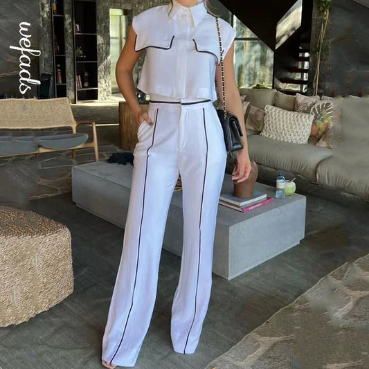 Contrast Lapel Vest Pockets Pants Office Two Piece Set