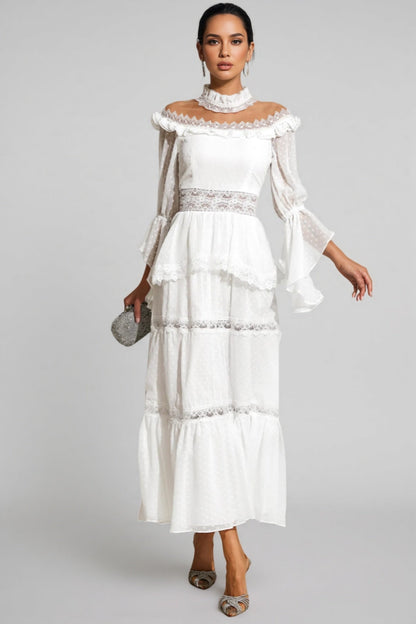 Zevon White Lace Long Sleeve Maxi Dress