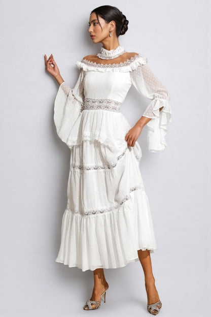 Zevon White Lace Long Sleeve Maxi Dress