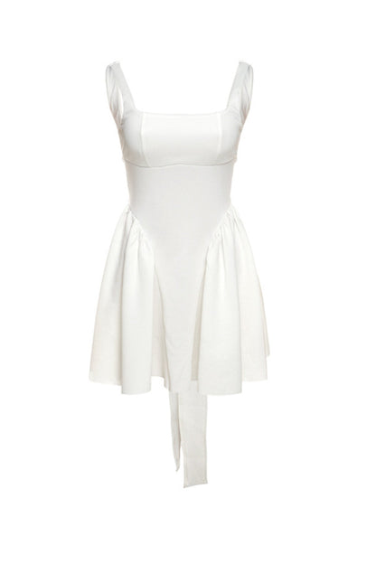 Wide Strap Scoop Back Tie Bow Pleated Skater Mini Dress