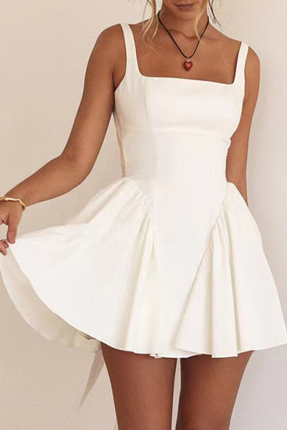 Wide Strap Scoop Back Tie Bow Pleated Skater Mini Dress