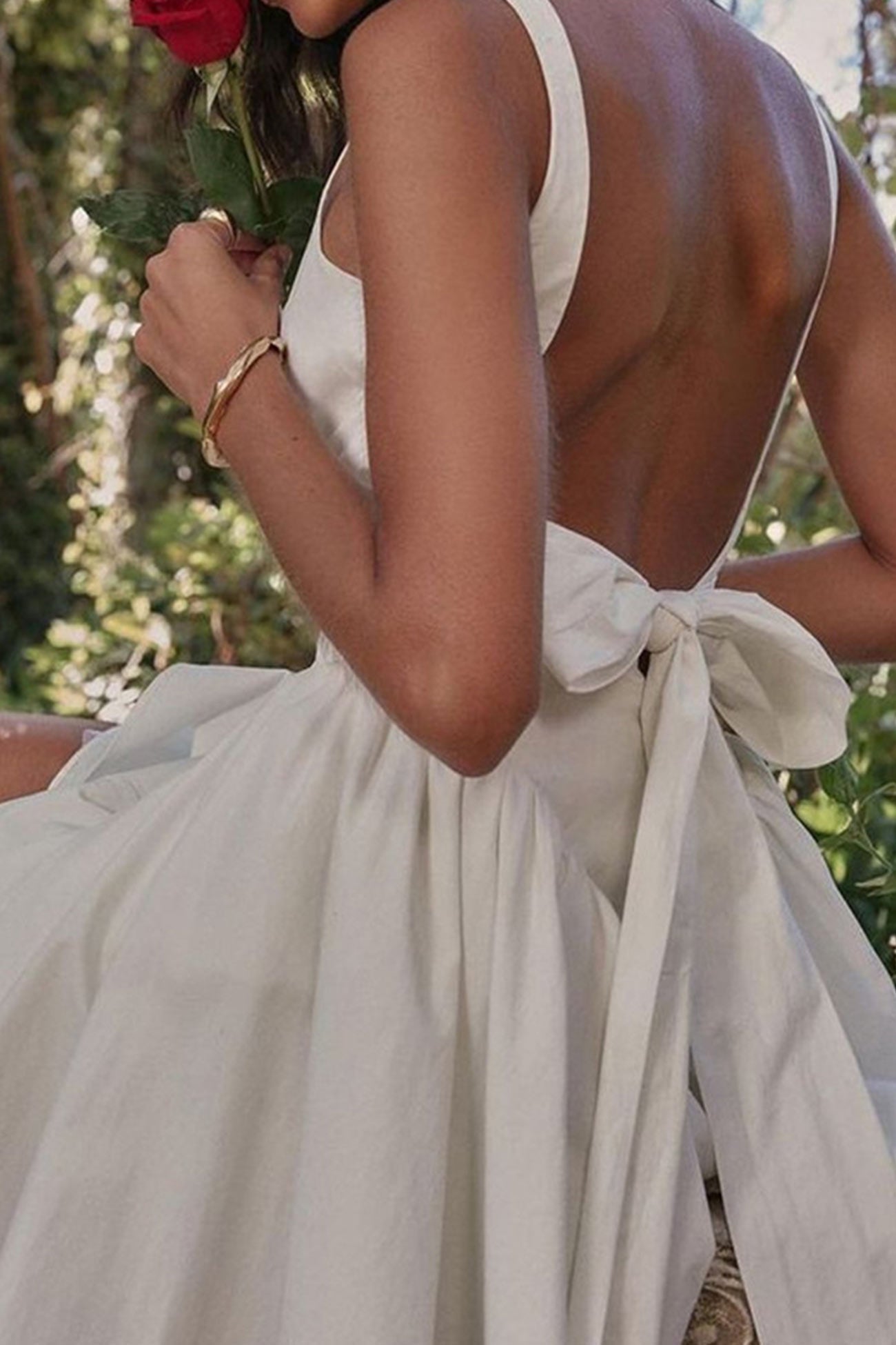 Wide Strap Scoop Back Tie Bow Pleated Skater Mini Dress