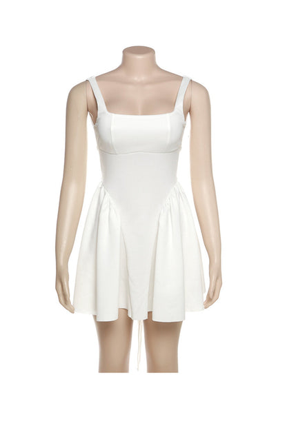 Wide Strap Scoop Back Tie Bow Pleated Skater Mini Dress