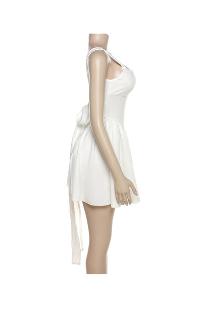 Wide Strap Scoop Back Tie Bow Pleated Skater Mini Dress