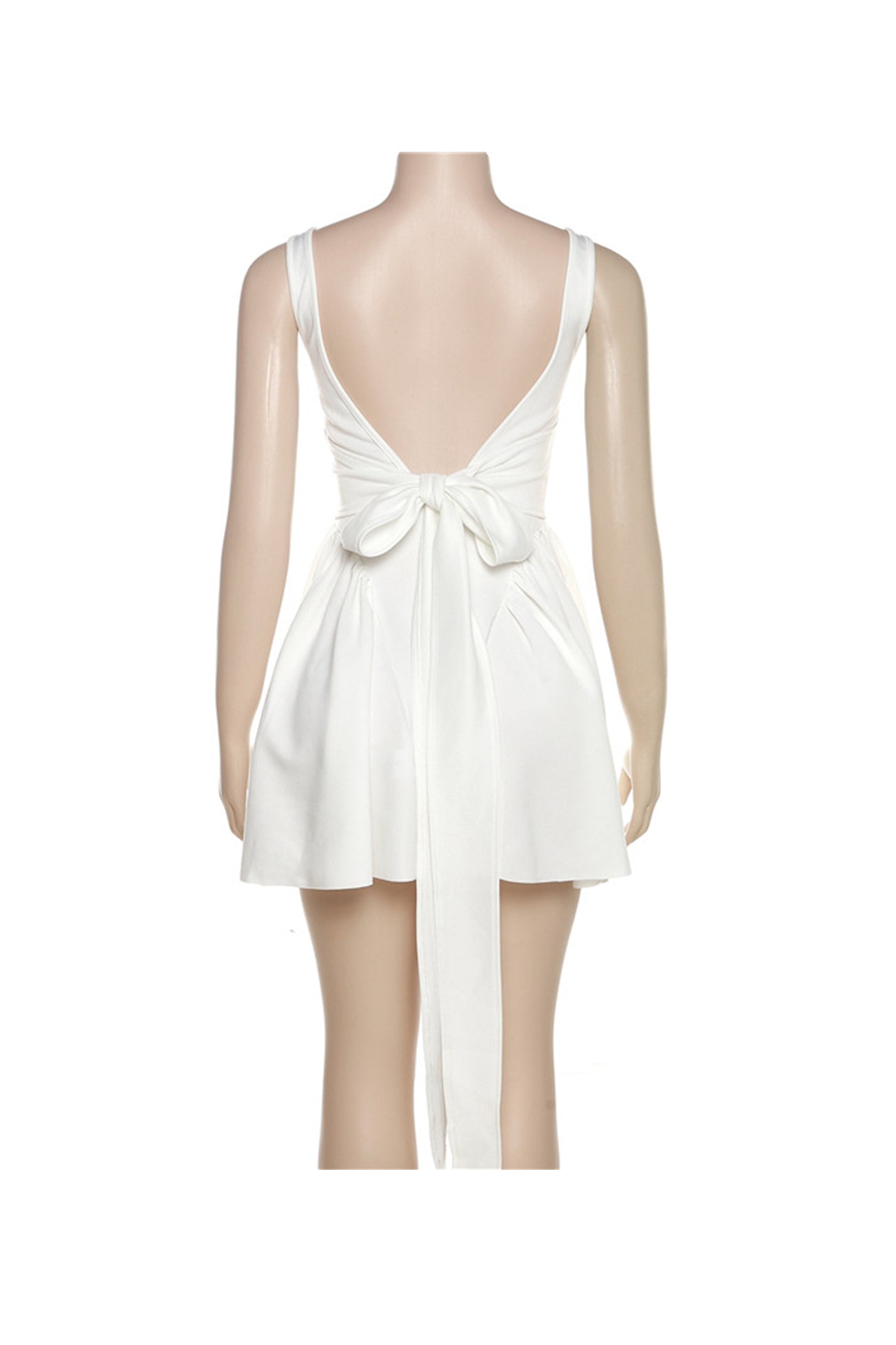 Wide Strap Scoop Back Tie Bow Pleated Skater Mini Dress