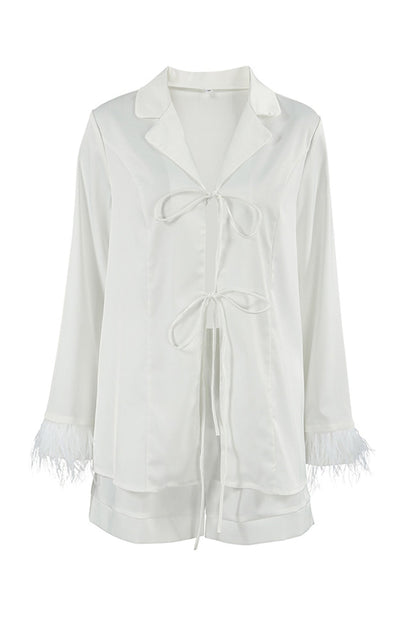 White Fuzzy Tie-up Shirt Shorts Set