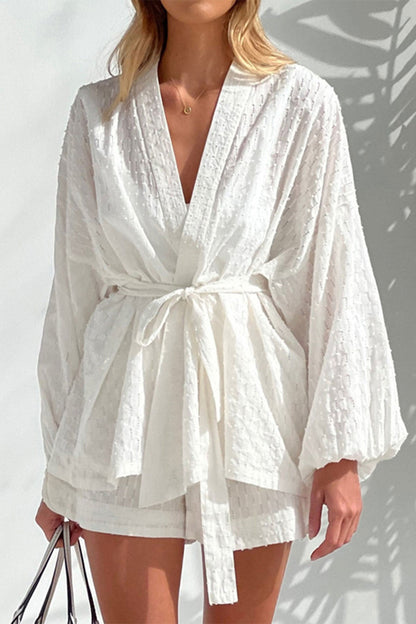 White Jacquard Weave Waisted Two Piece Set