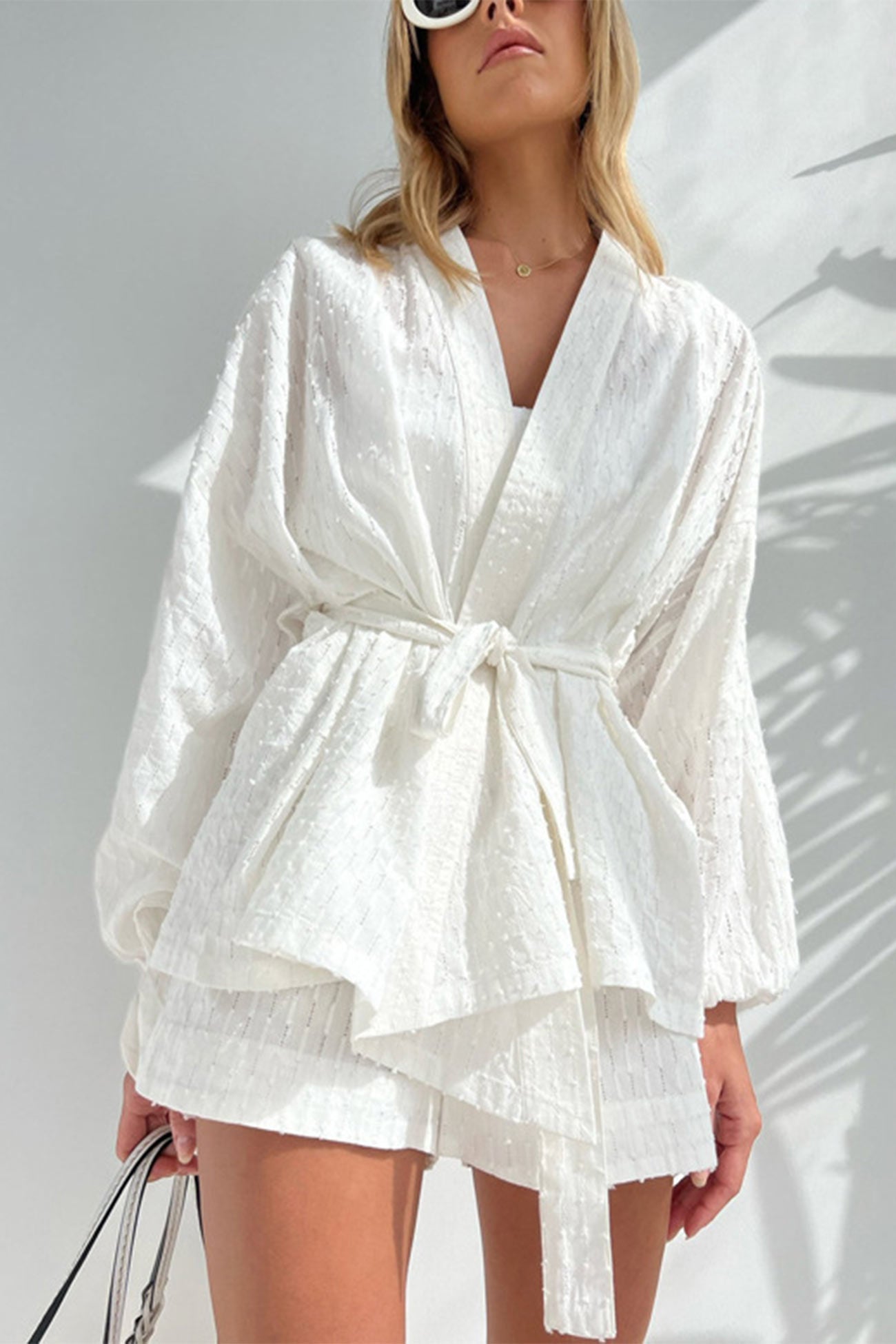 White Jacquard Weave Waisted Two Piece Set