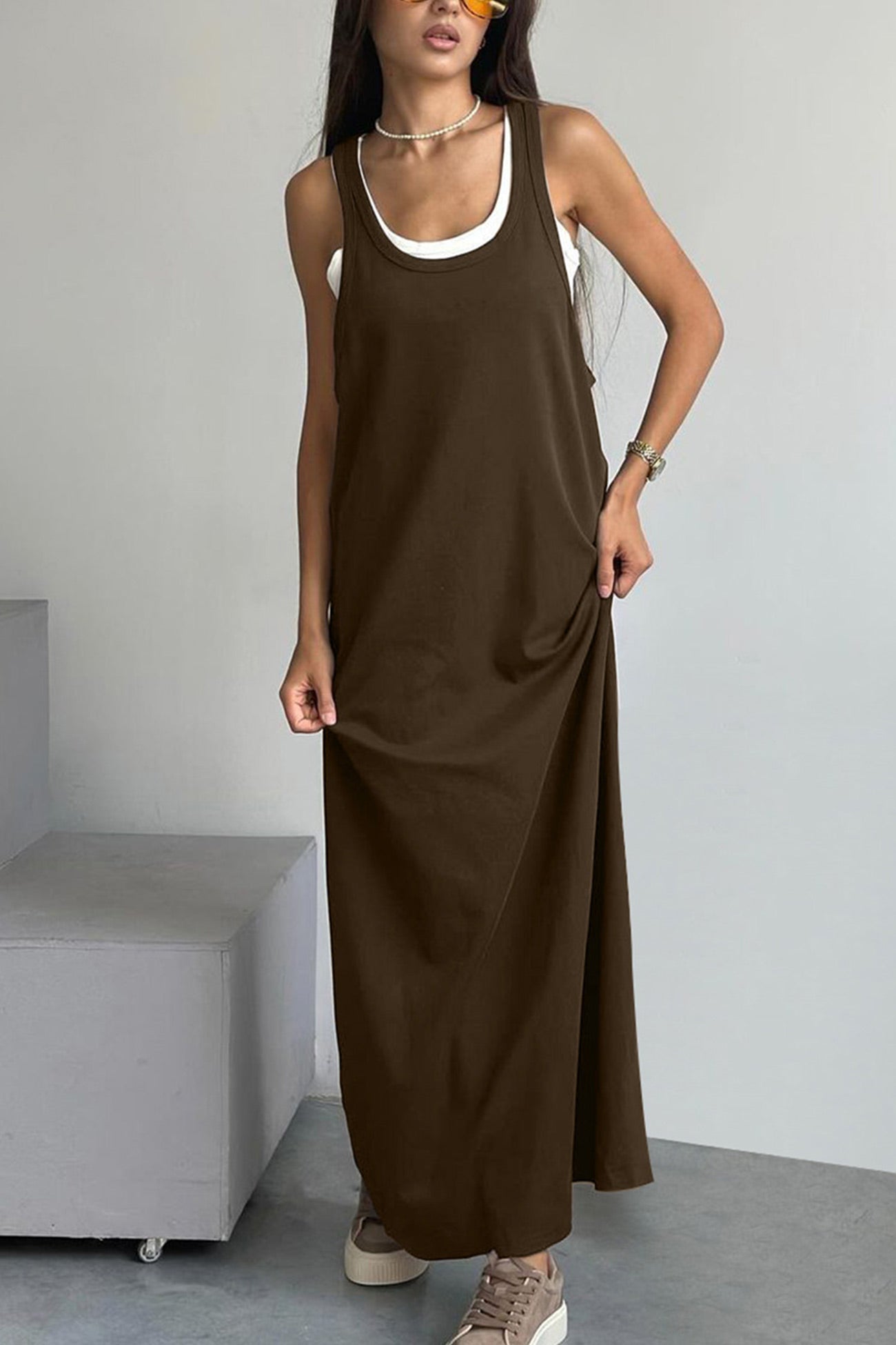 White Knit Tank Solid Sundress Two-piece Outfits