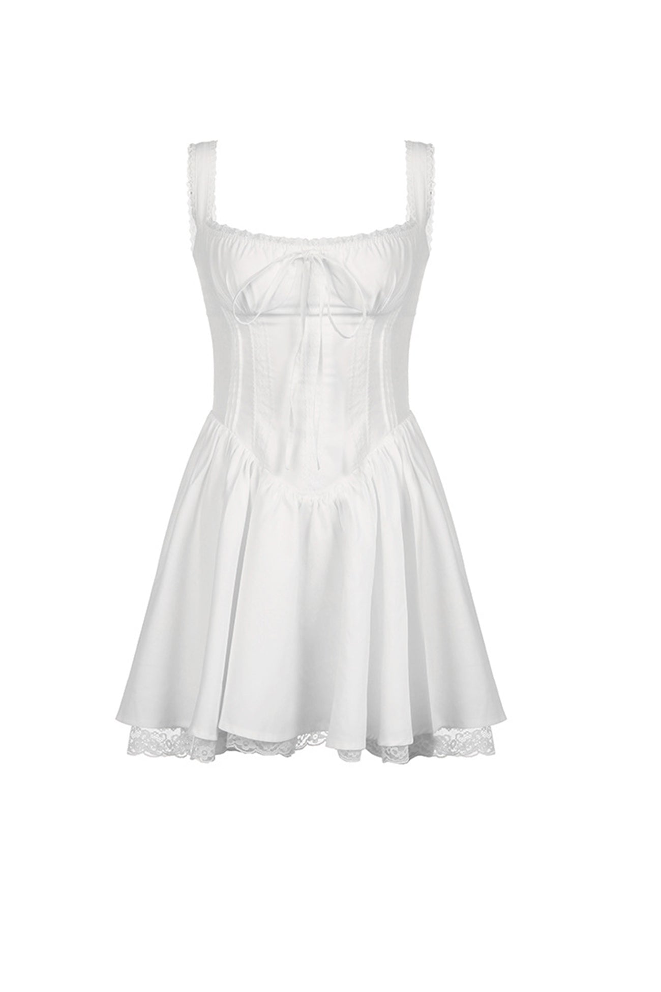 Off-Shoulder Lace Panel Smocked Drawstring Sweetheart Mini Dress