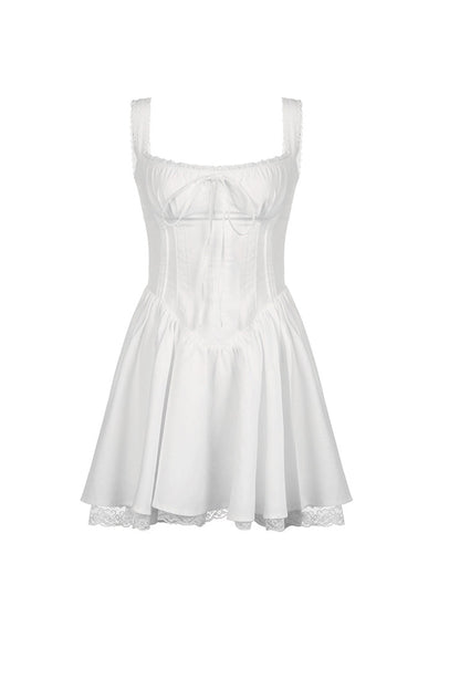 Off-Shoulder Lace Panel Smocked Drawstring Sweetheart Mini Dress