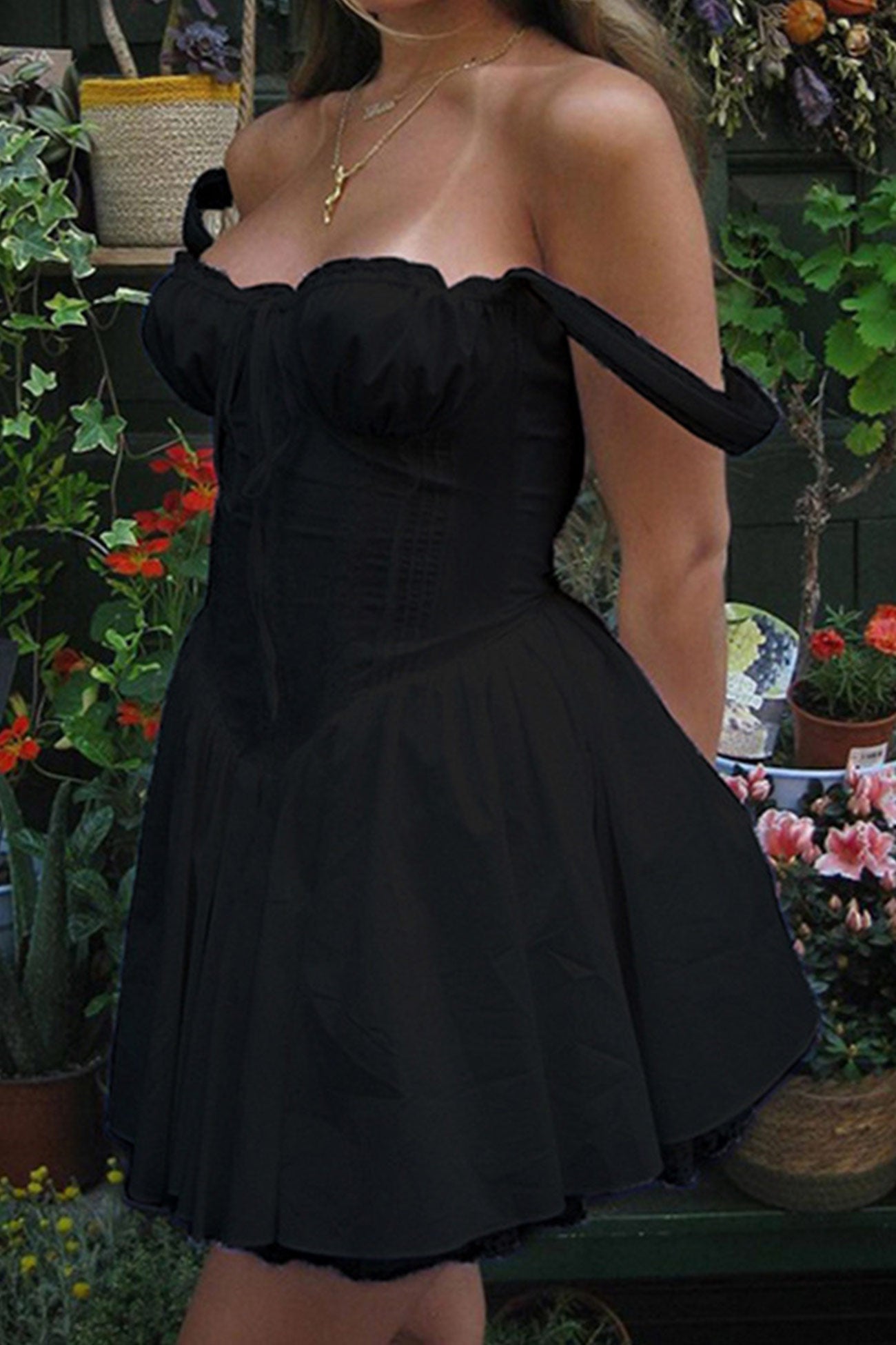 Off-Shoulder Lace Panel Smocked Drawstring Sweetheart Mini Dress