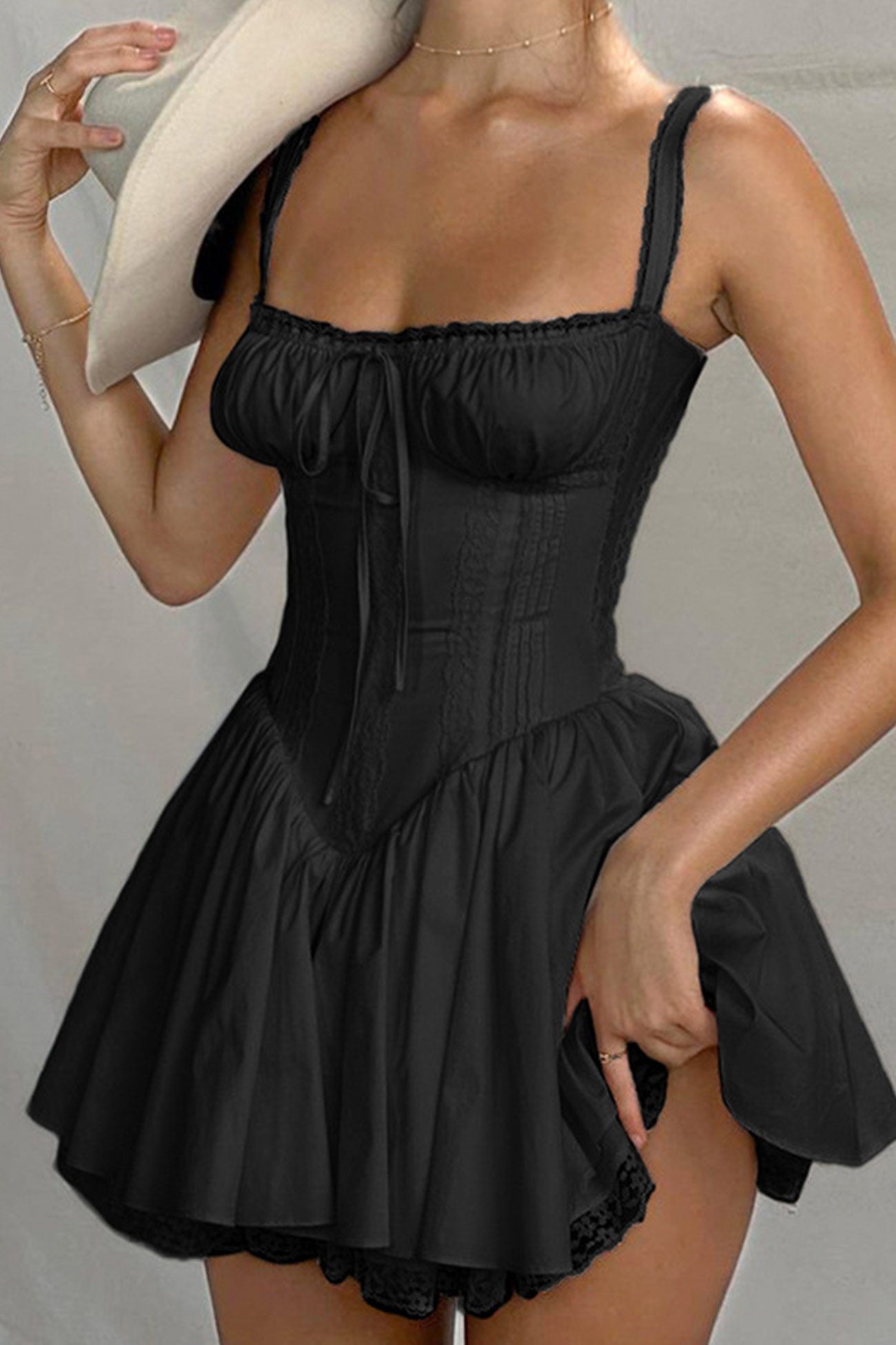 Off-Shoulder Lace Panel Smocked Drawstring Sweetheart Mini Dress