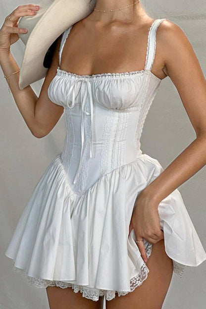 Off-Shoulder Lace Panel Smocked Drawstring Sweetheart Mini Dress