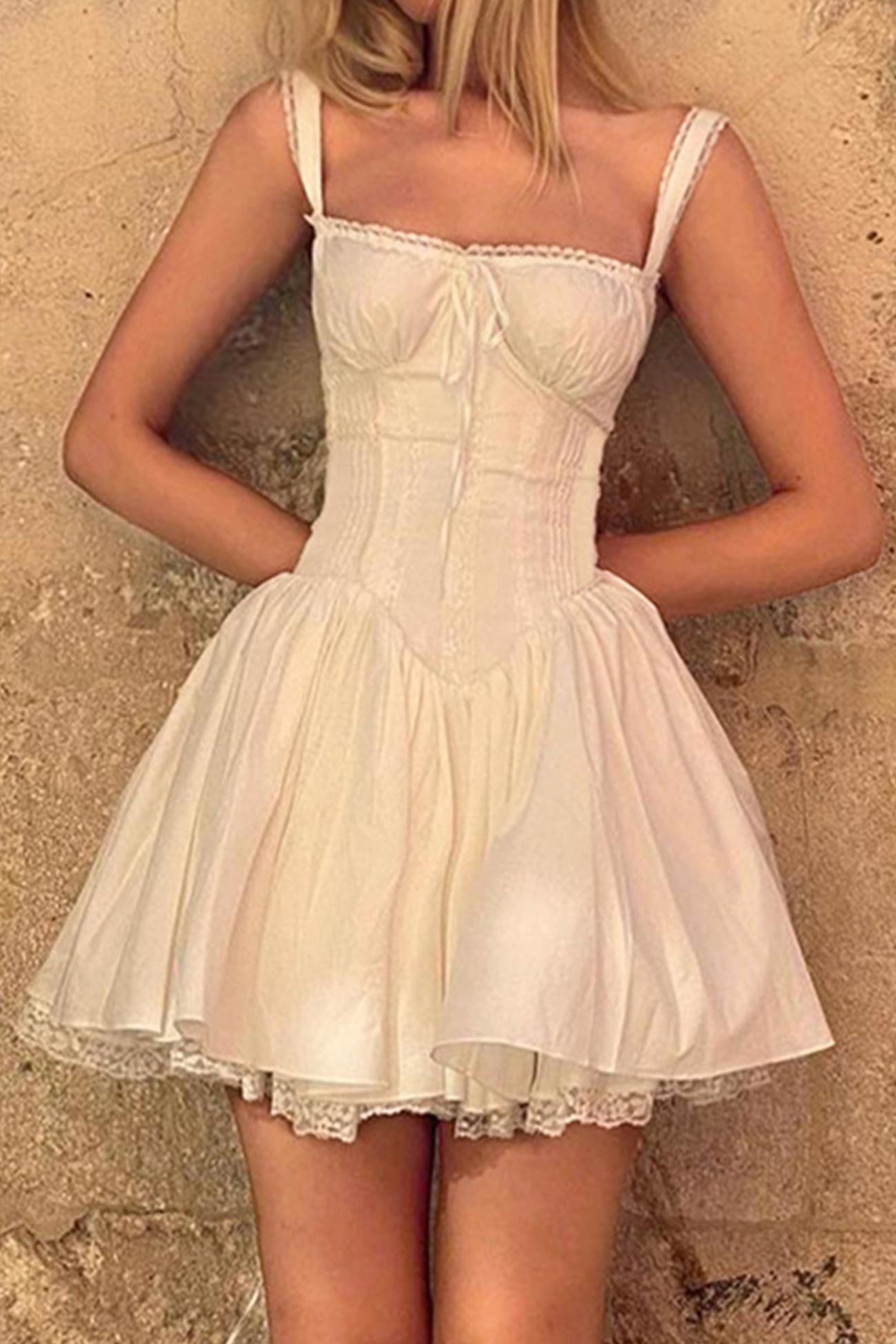 Off-Shoulder Lace Panel Smocked Drawstring Sweetheart Mini Dress