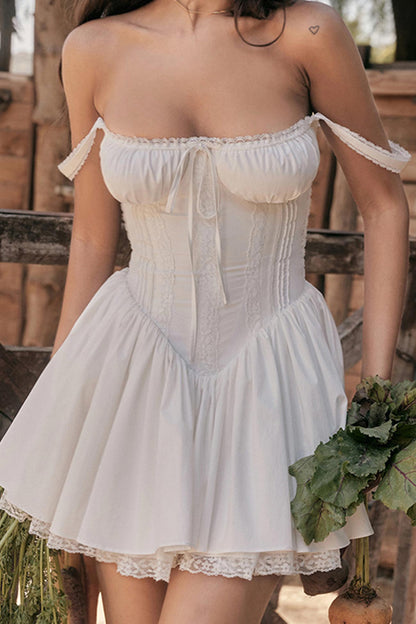 Off-Shoulder Lace Panel Smocked Drawstring Sweetheart Mini Dress