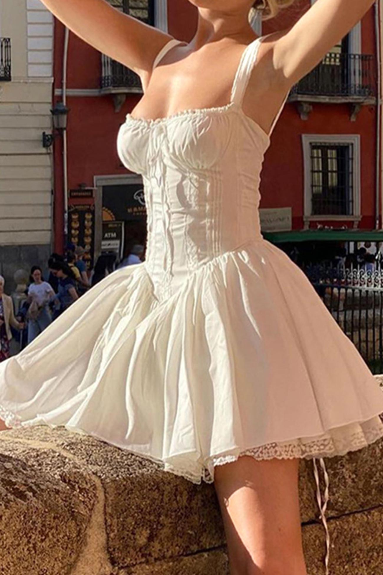 Off-Shoulder Lace Panel Smocked Drawstring Sweetheart Mini Dress