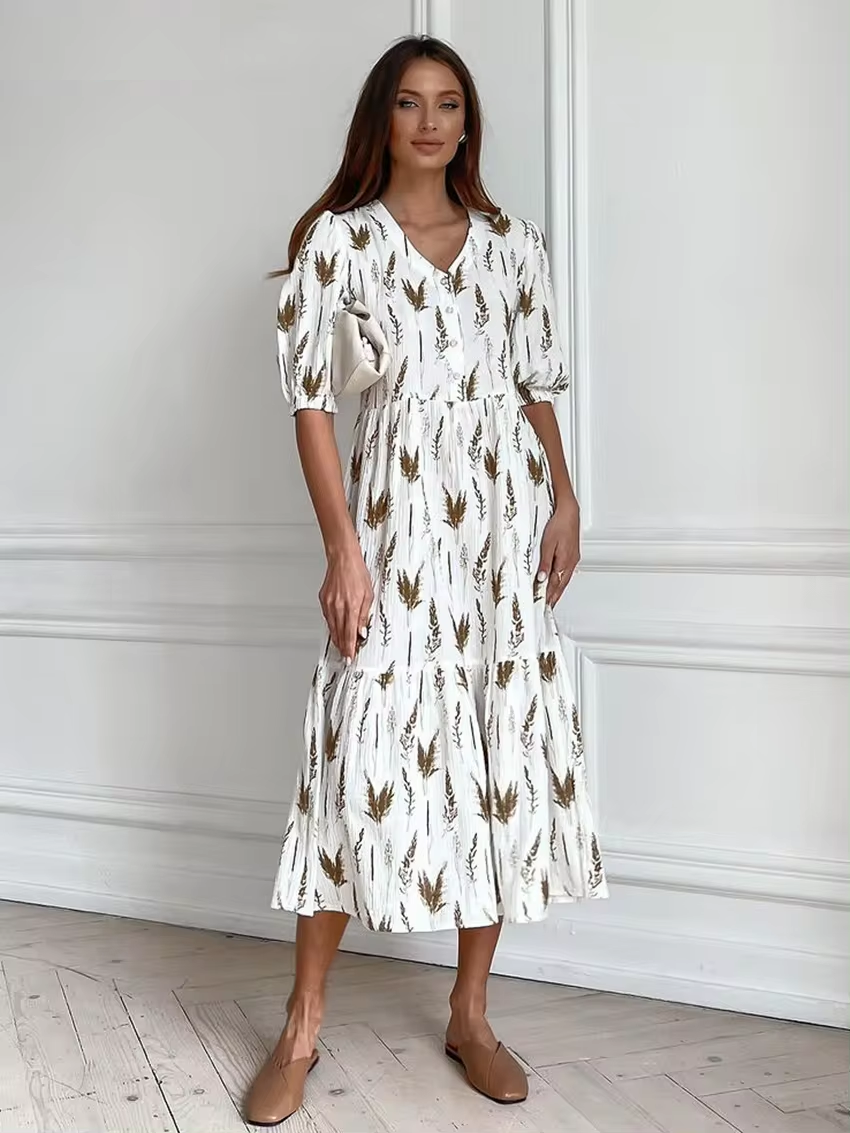 V-Neck Button Front Puff Sleeve Botanical Plisse Tiered Midi Dress