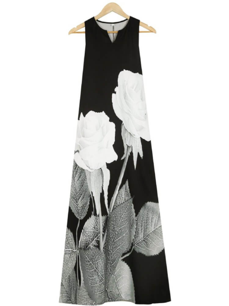 Split V Neck Sleeveless Large Scale Floral Print Pocket Maxi Dress
