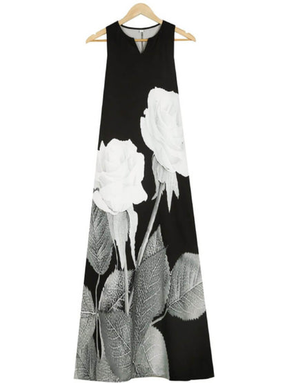 Split V Neck Sleeveless Large Scale Floral Print Pocket Maxi Dress
