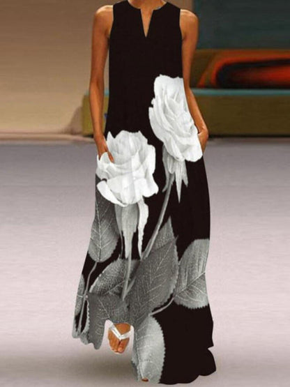 Split V Neck Sleeveless Large Scale Floral Print Pocket Maxi Dress
