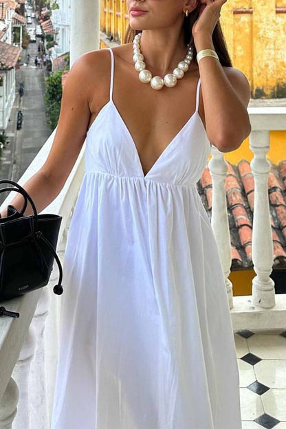 Scoop Back Spaghetti Strap Gathered Waist Backless Midi Dress