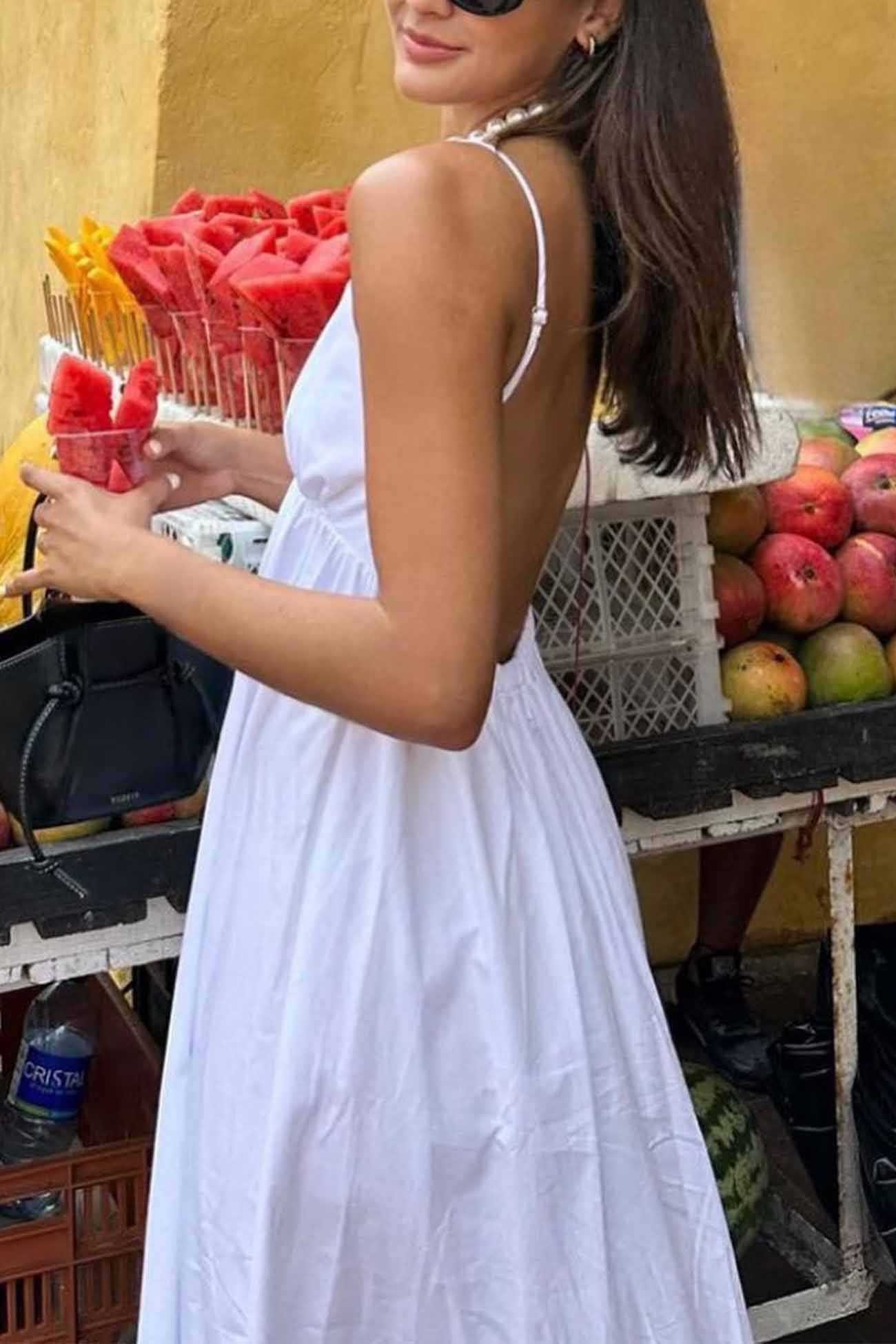 Scoop Back Spaghetti Strap Gathered Waist Backless Midi Dress