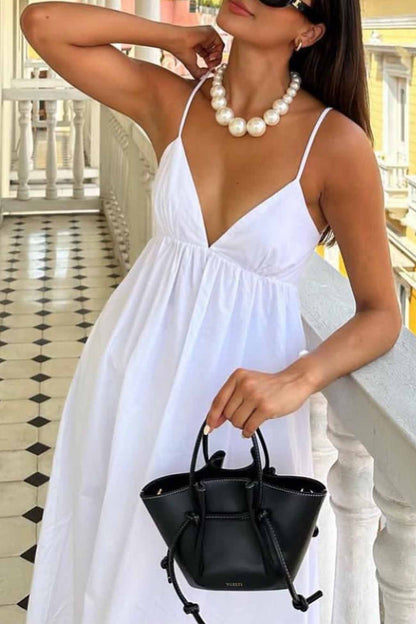 Scoop Back Spaghetti Strap Gathered Waist Backless Midi Dress