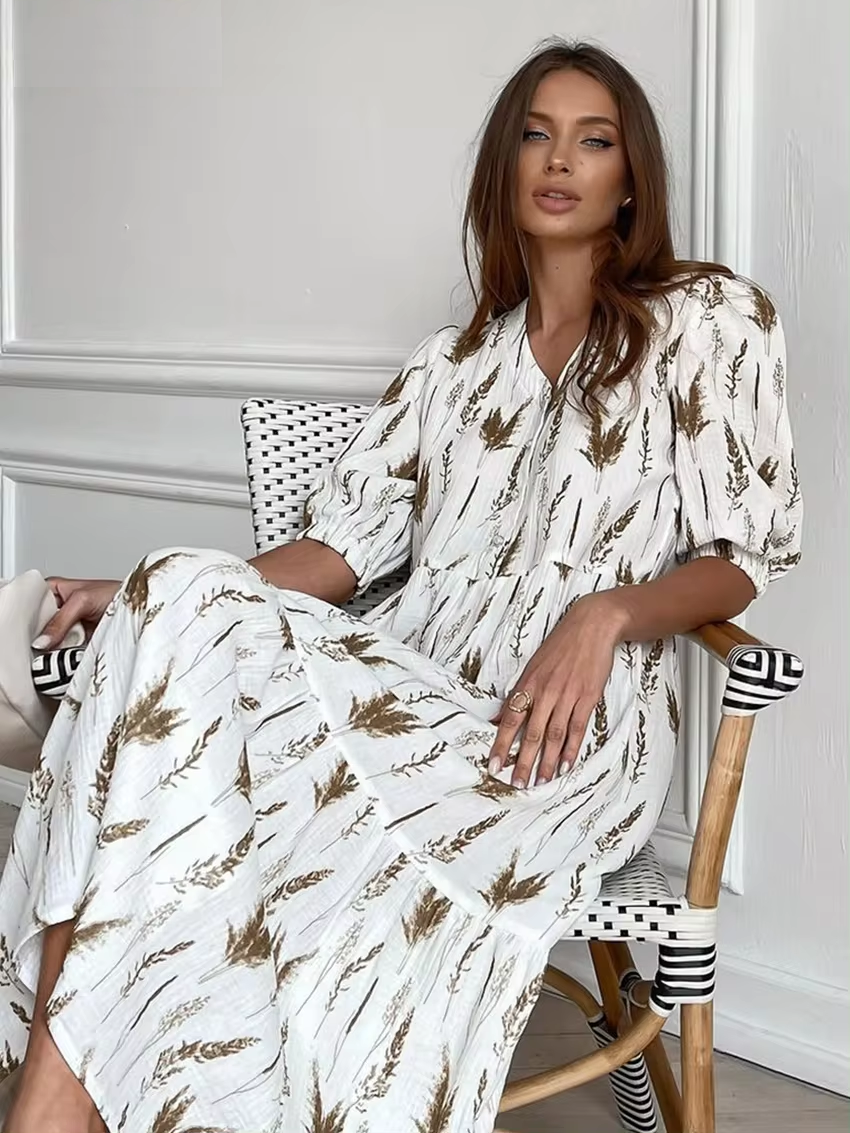 V-Neck Button Front Elbow Sleeve Botanical Print Double Tier Midi Dress