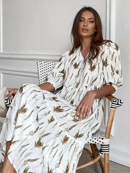 V-Neck Button Front Puff Sleeve Botanical Plisse Tiered Midi Dress