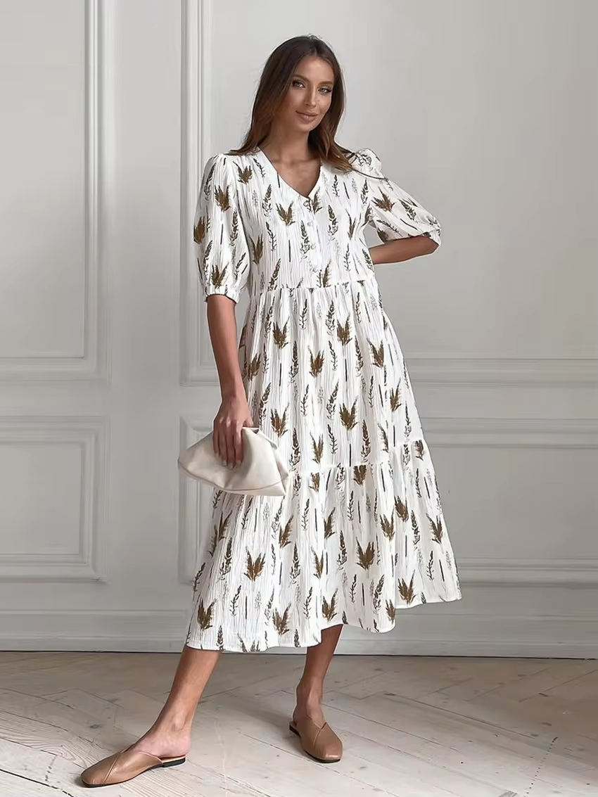 V-Neck Button Front Elbow Sleeve Botanical Print Double Tier Midi Dress