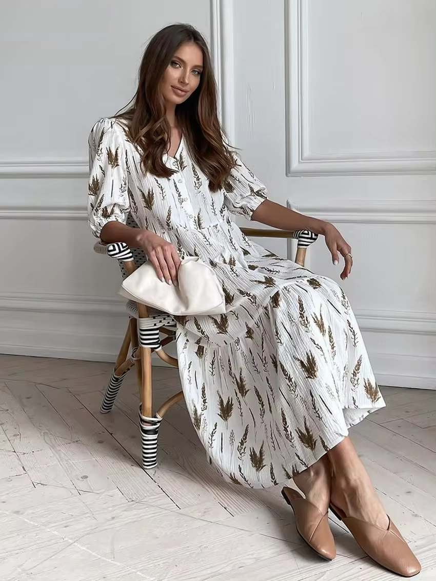 V-Neck Button Front Elbow Sleeve Botanical Print Double Tier Midi Dress