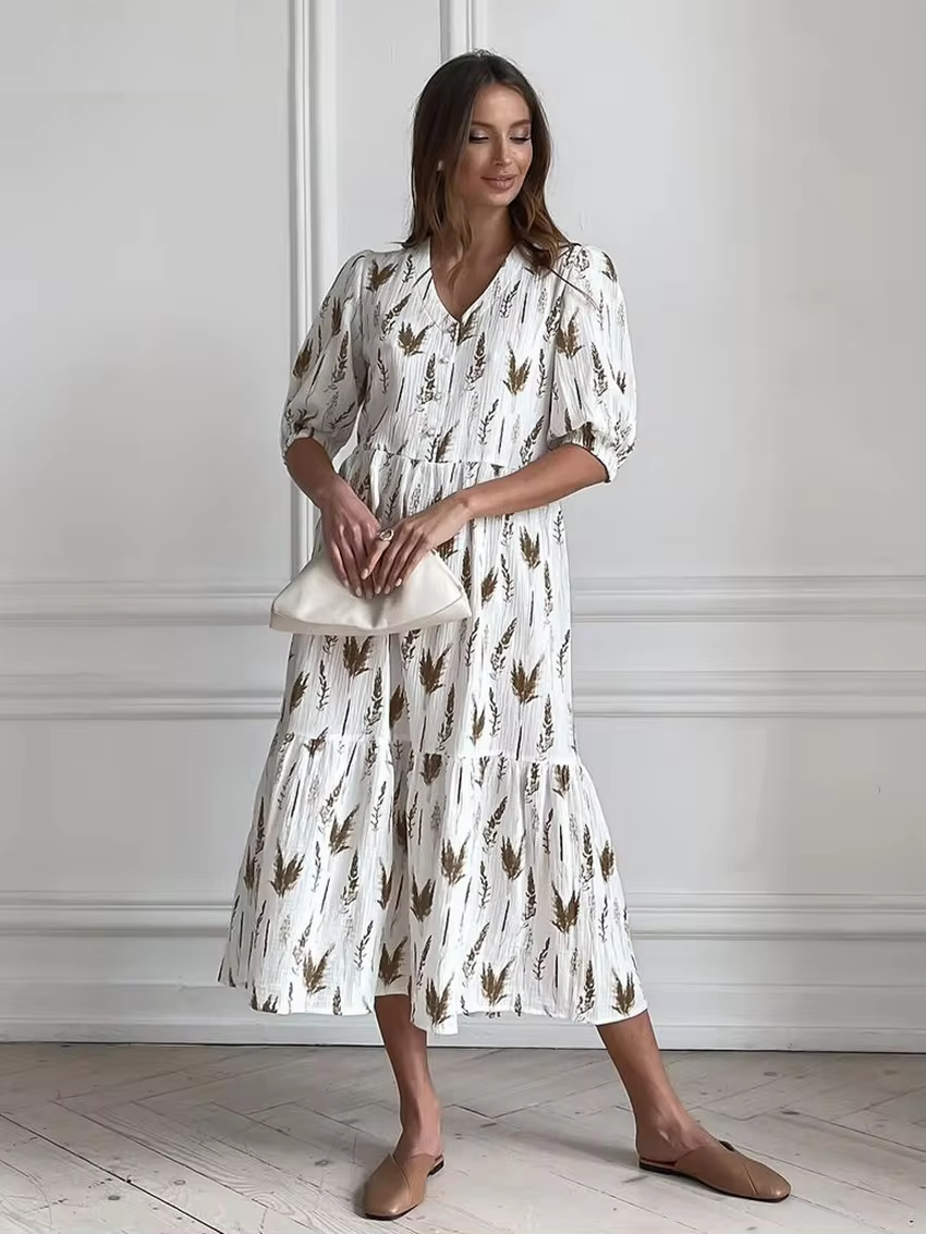 V-Neck Button Front Elbow Sleeve Botanical Print Double Tier Midi Dress