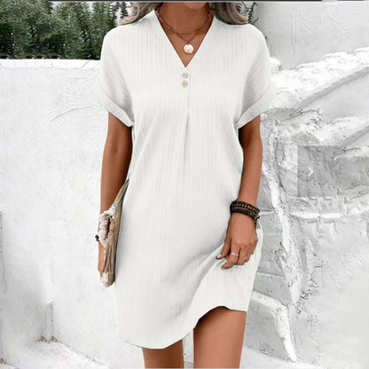 Rib Knit V-Neck Button Placket Cuffed Sleeve Shift Mini Dress