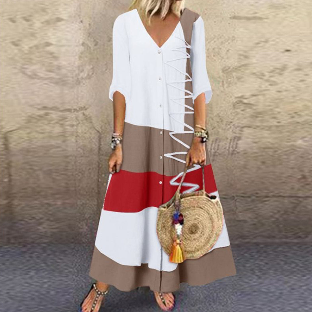 Deep V Neck Button Down Diagonal Lace Up Colorblock Stripe Maxi Dress