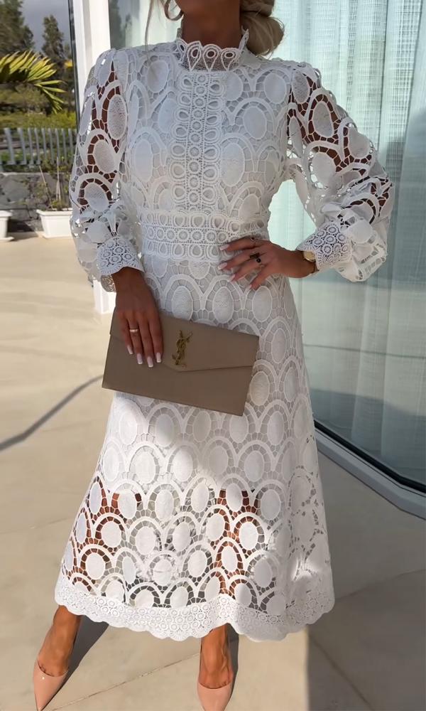 Guipure Lace Mock Neck Puff Sleeve Scalloped Hem A-Line Midi Dress