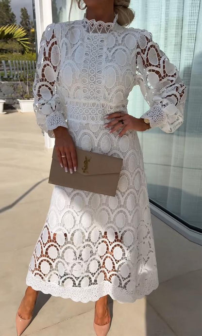 Guipure Lace Mock Neck Puff Sleeve Scalloped Hem A-Line Midi Dress